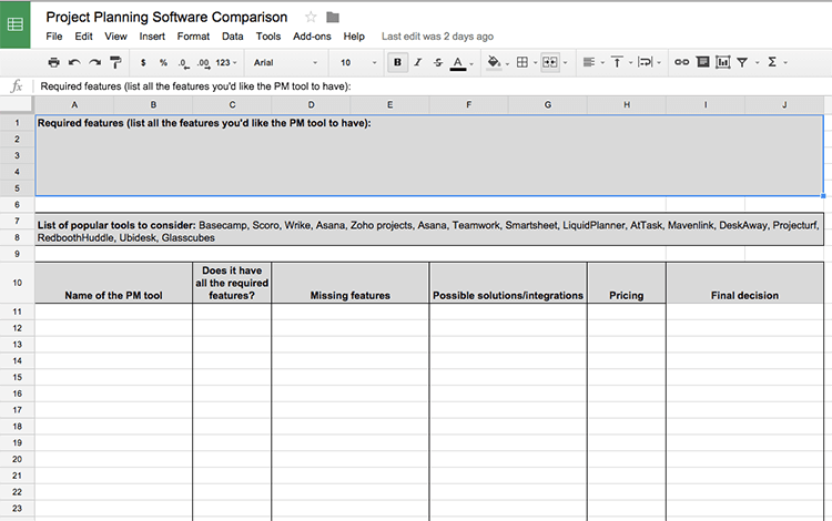 finding project software spreadsheet