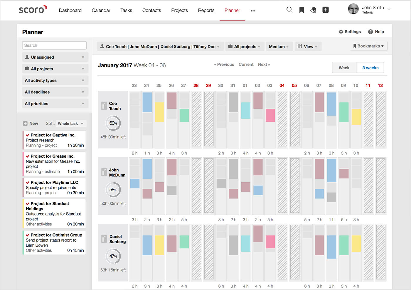 Scoro planner 3 week view