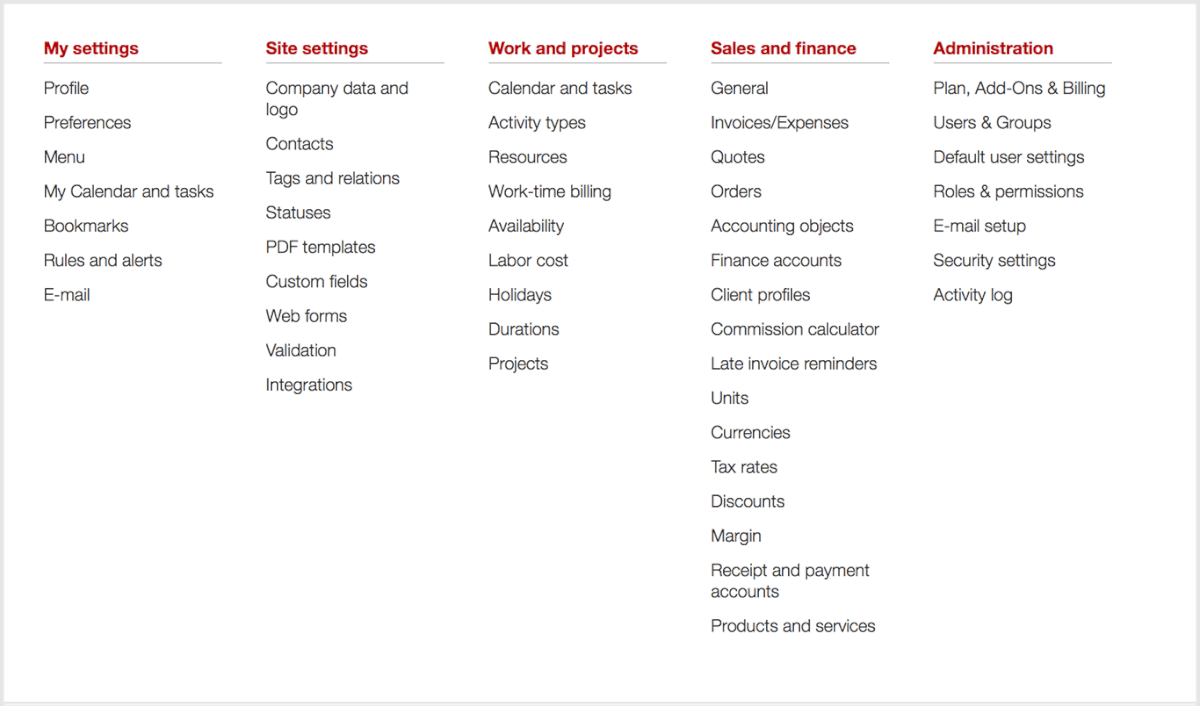 Work and Projects Settings