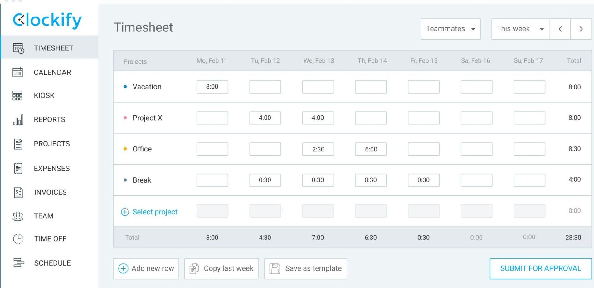 Clockify timesheet