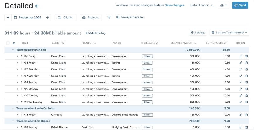 Detailed report in Myhours