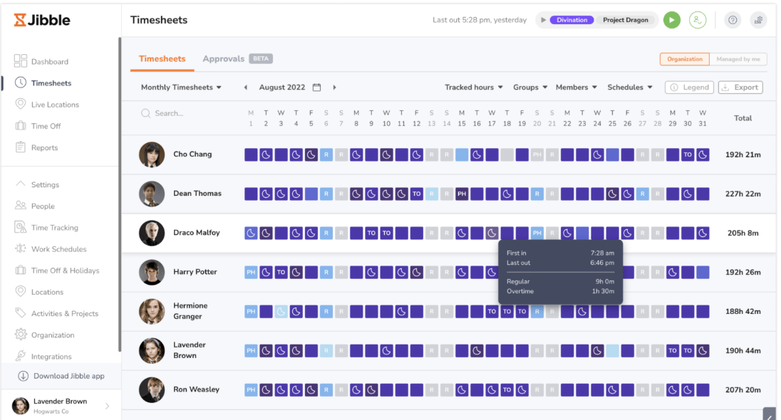 Monthly timesheet view in Jibble