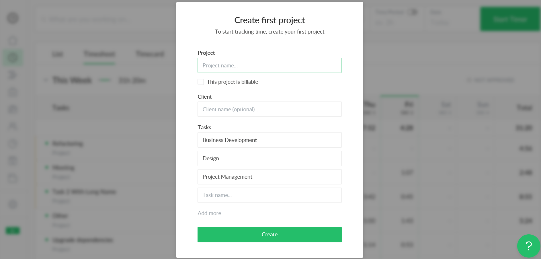 Screenshot of creating a project in Everhour