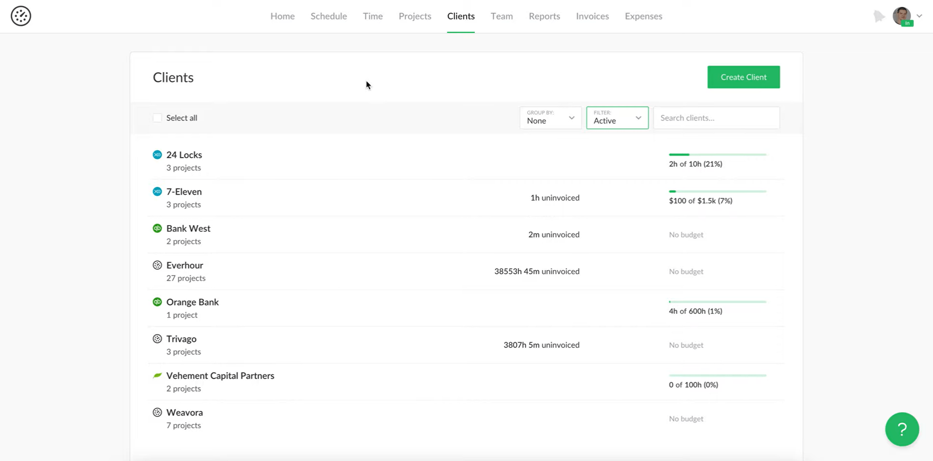 Screenshot of the clients page in Everhour