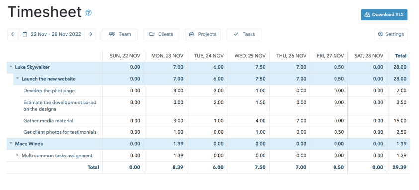 Timesheet report in Myhours