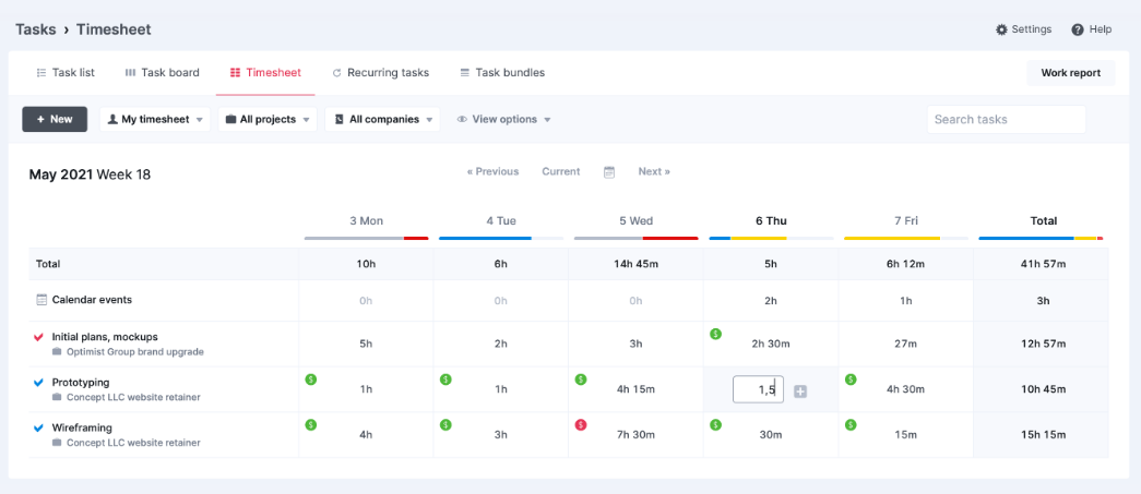 Time entry in a timesheet in Scoro