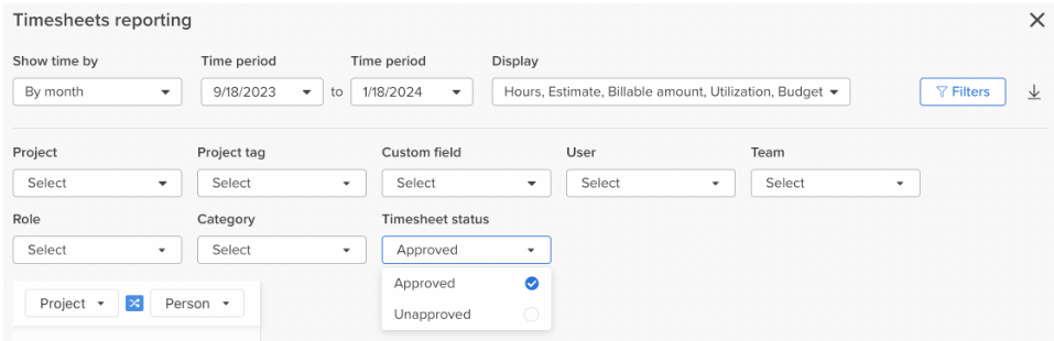 Filter options on Hive time report