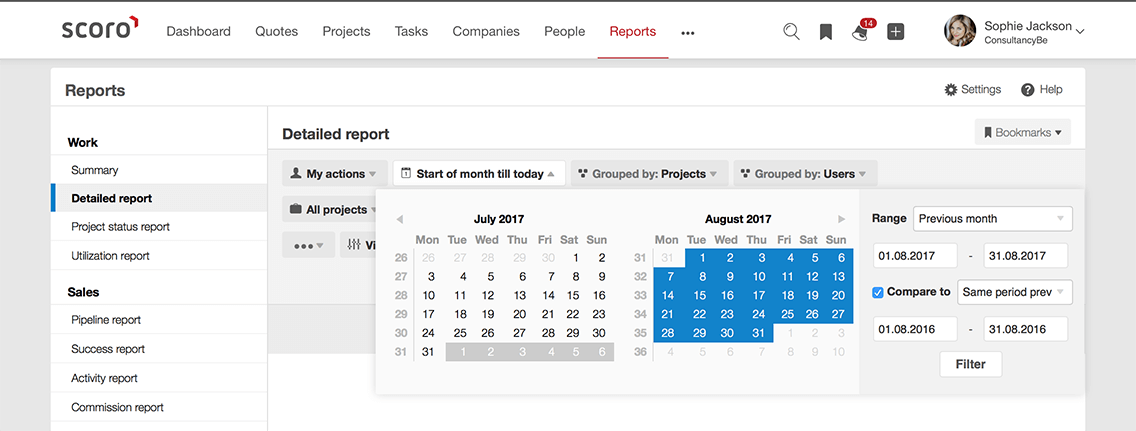 Scoro detailed report calendar