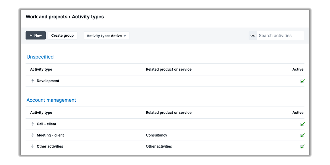 Activity type screenshot Scoro