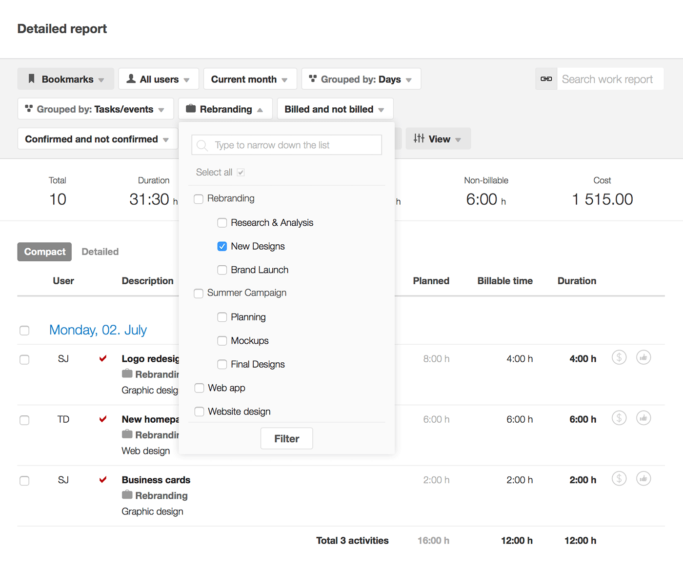 Filtering by project phase in the detailed work report