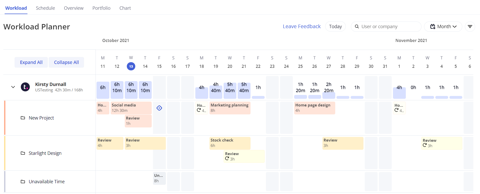 Screenshot of Teamwork Workload Planner