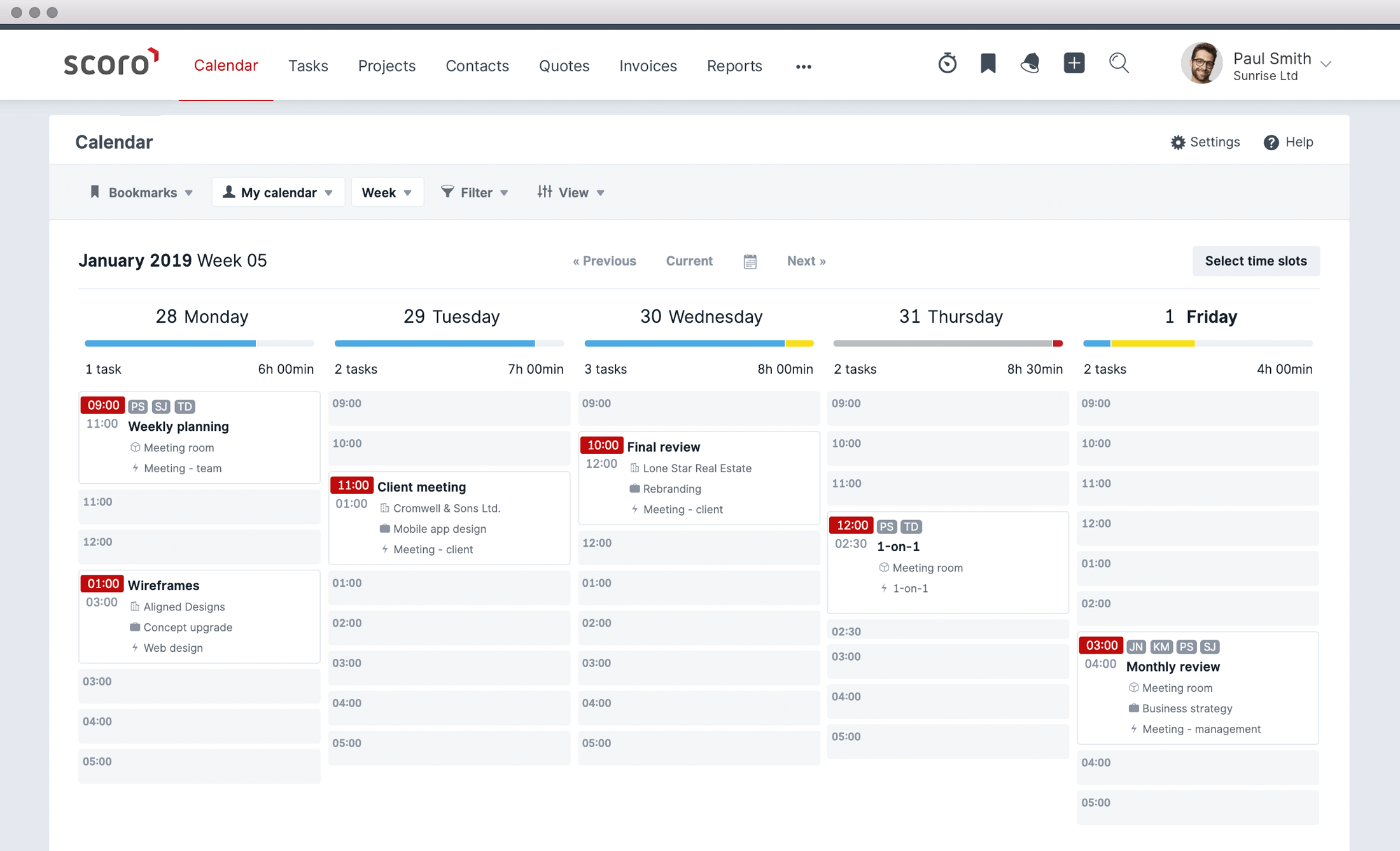 Calendar view in Scoro