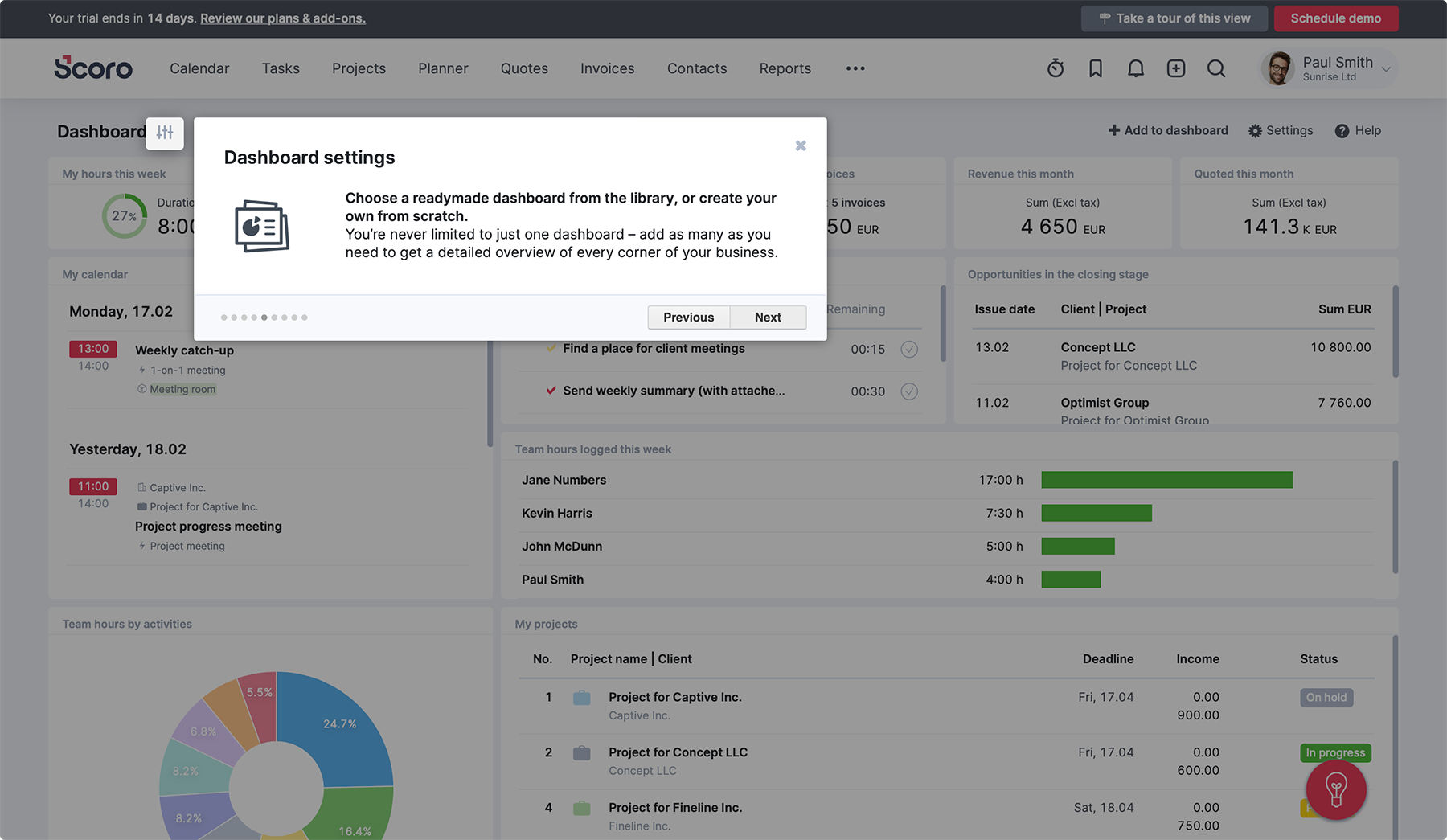 Product tour dashboard in Scoro