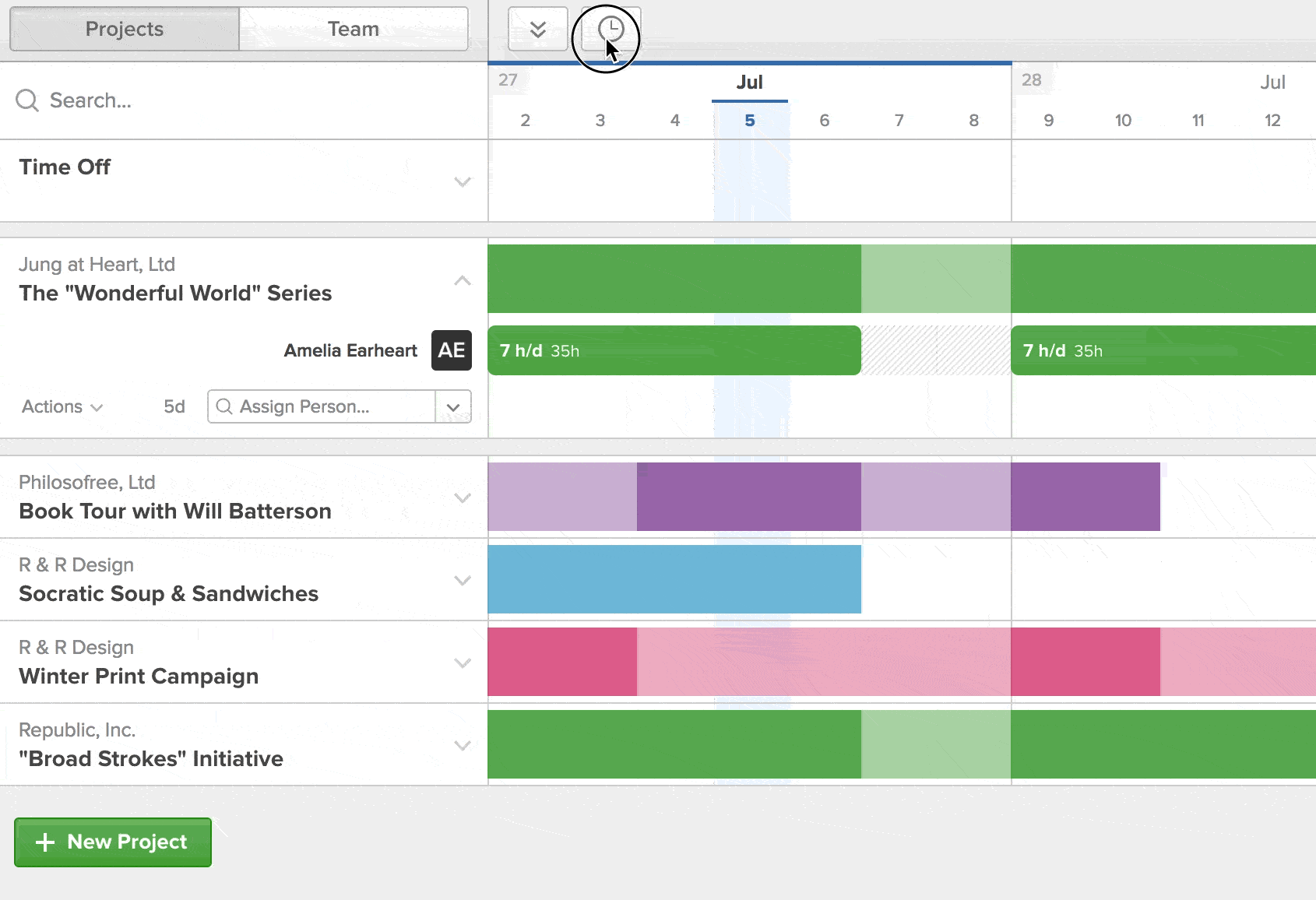 Gif showing team member scheduled hours in Forecast by Harvest