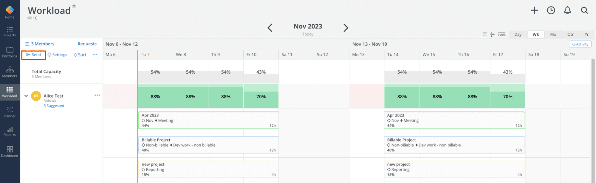 Screenshot of adjusted team workload in Mosaic App