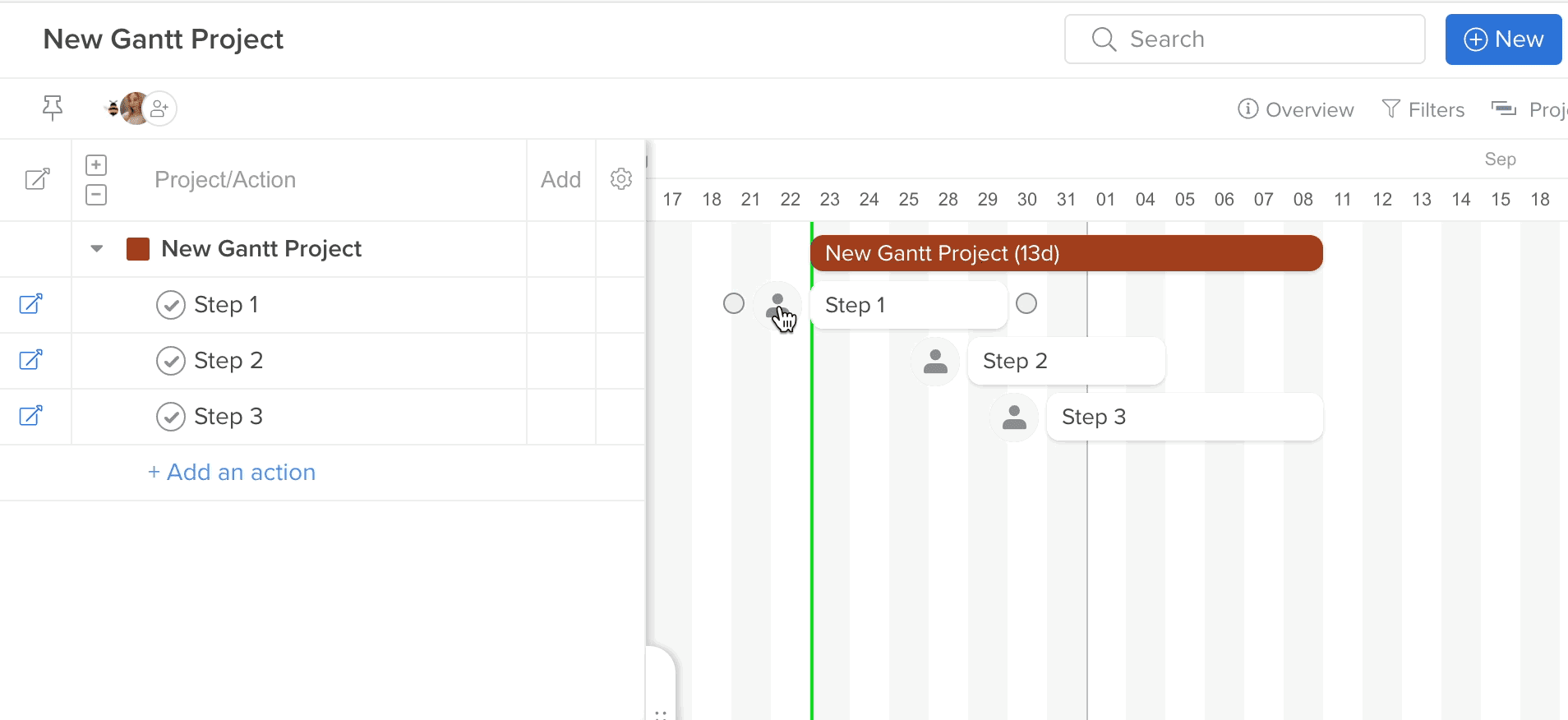 Screenshot of assigning tasks in Hive on a Gantt chart