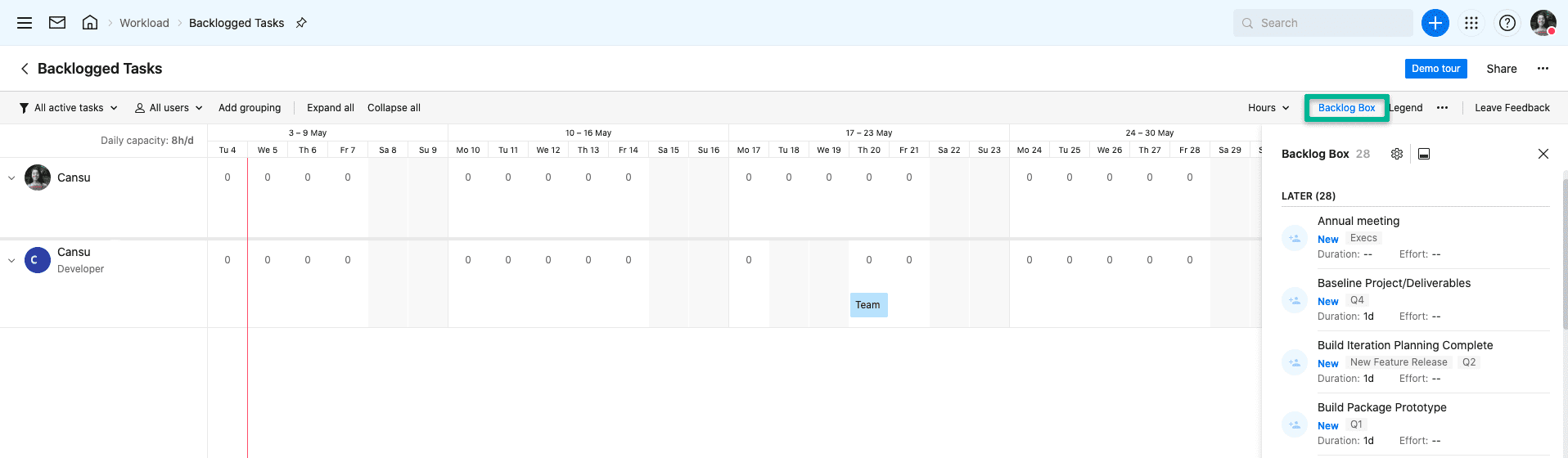 Screenshot of backlogged tasks in Wrike