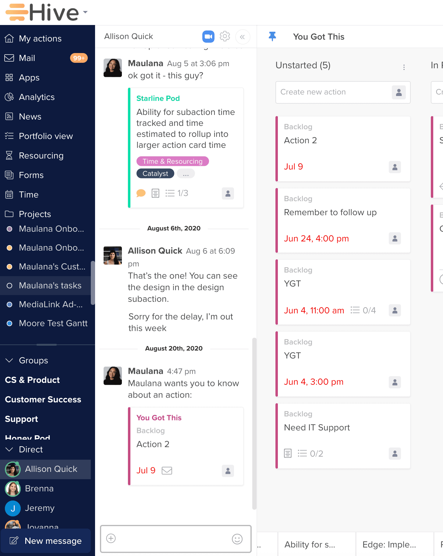 Screenshot of messaging feature in Hive