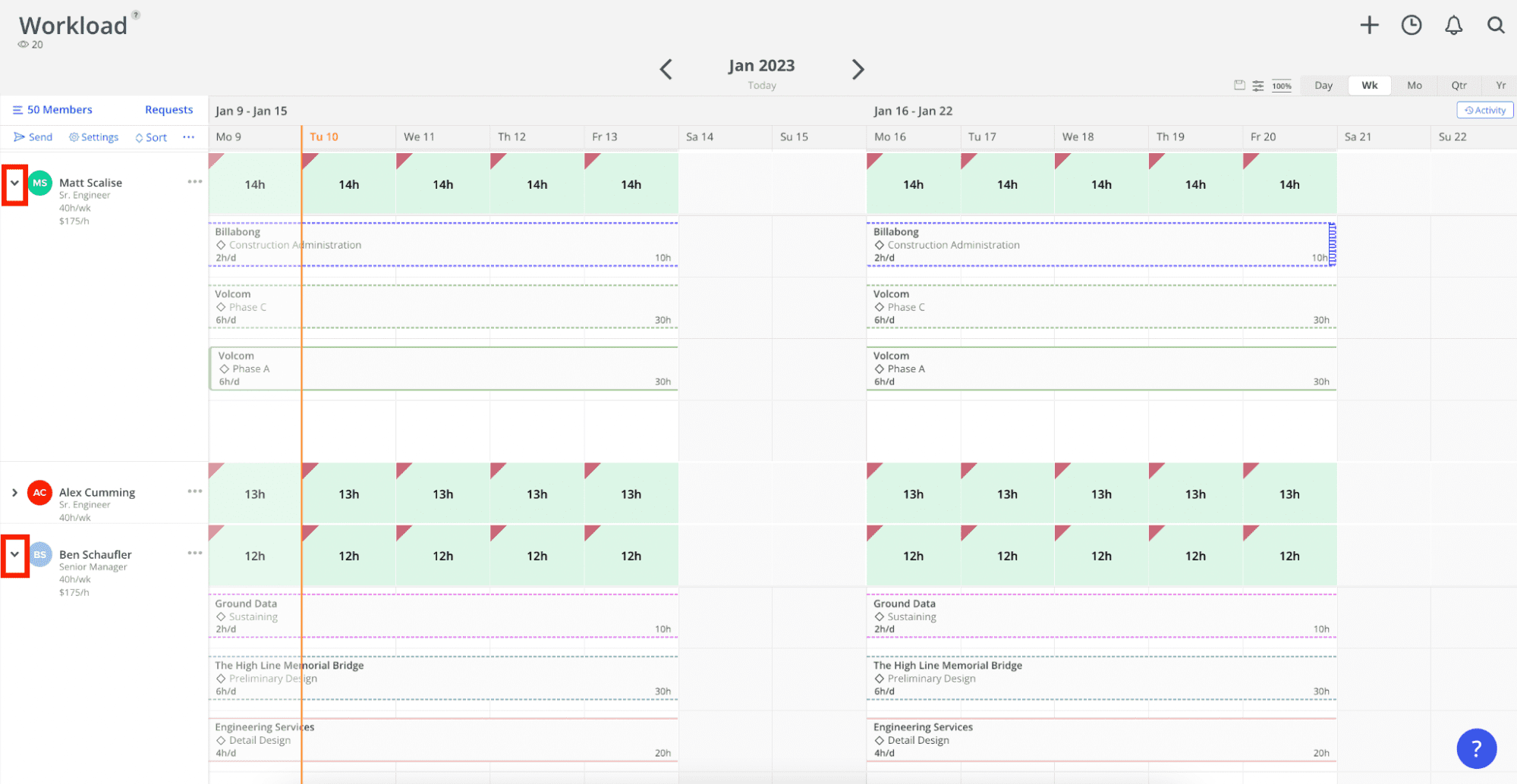 Screenshot of team schedule in the Workload view in Mosaic App
