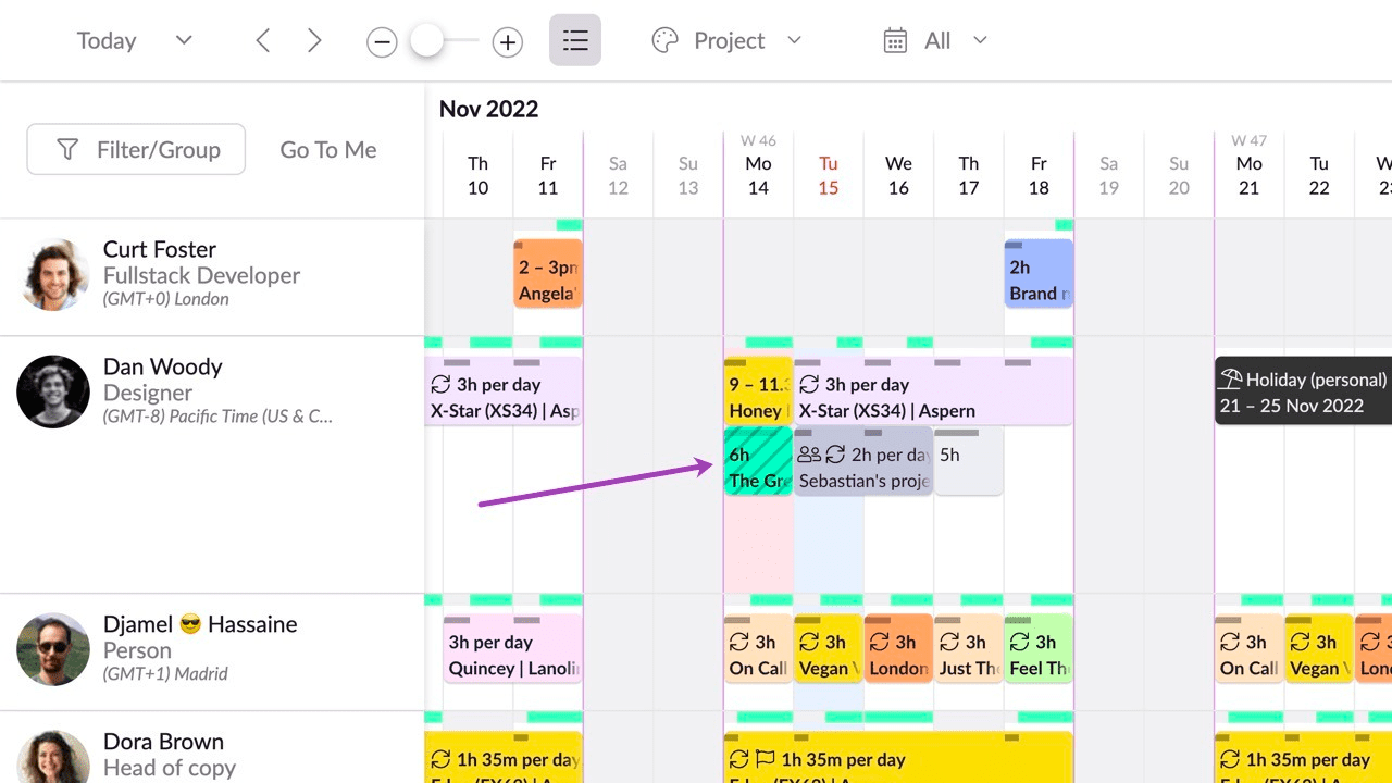 Screenshot showing an unconfirmed task booking on the Schedule view of Resource Guru
