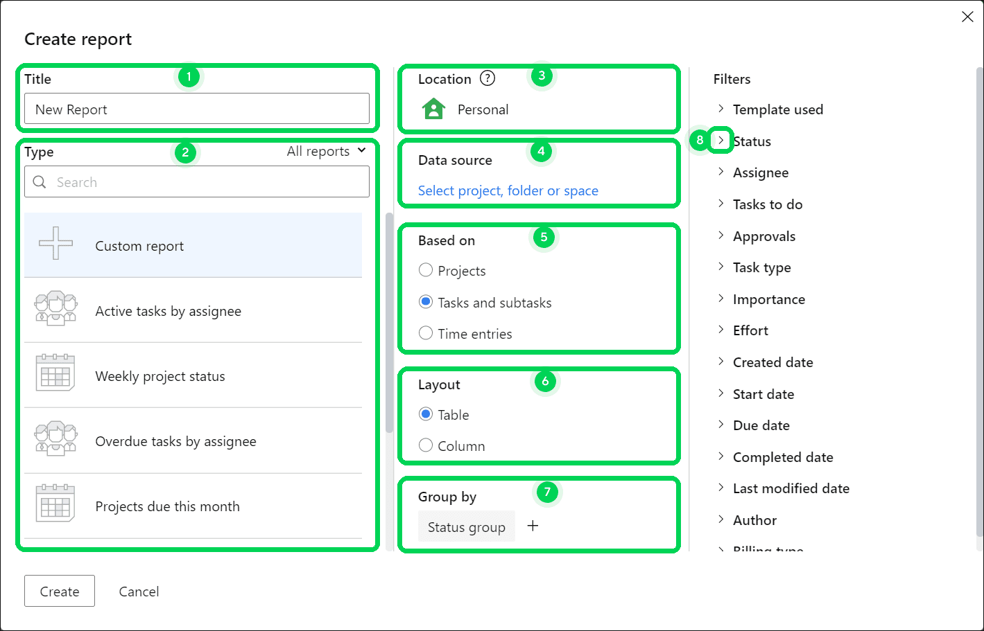 Screenshot showing elements of the report builder in Wrike