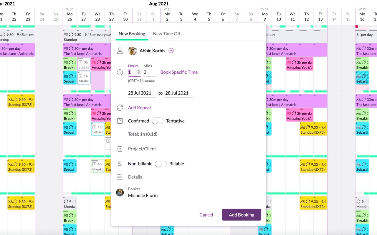 Screenshot showing users how to add a new booking in the Schedule view in Resource Guru