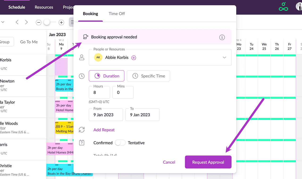 Screenshot showing a booking approval in Resource Guru
