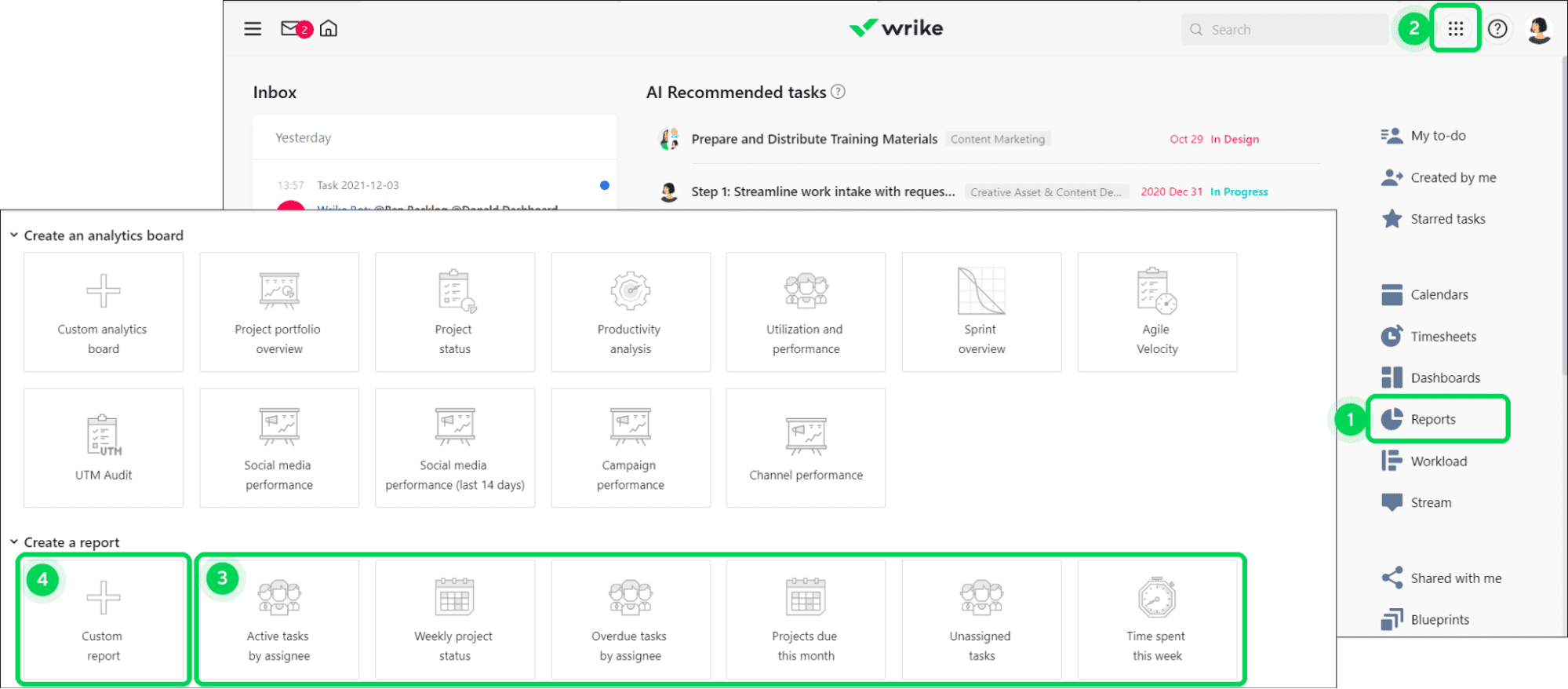 Screenshot showing custom report builder in Wrike