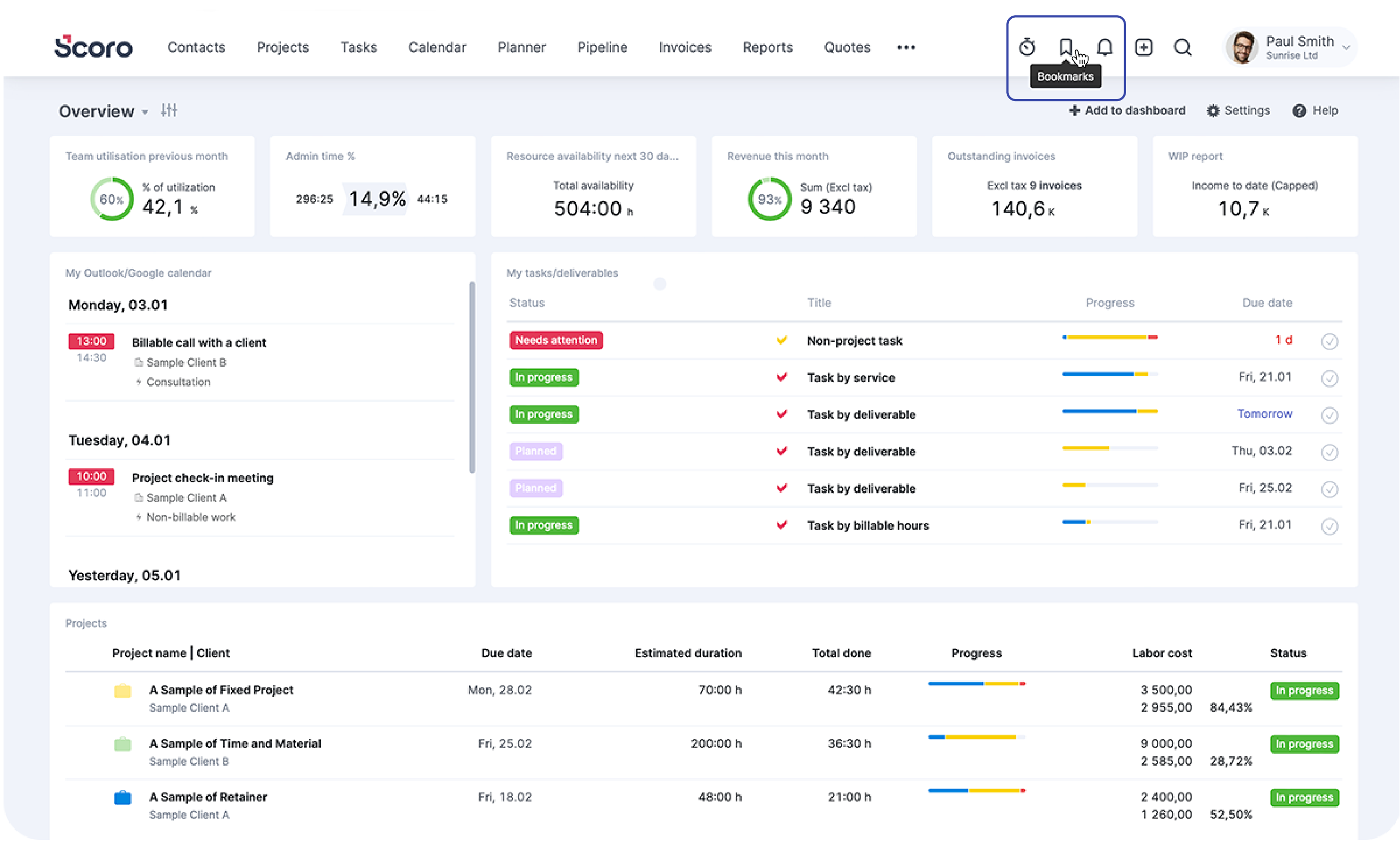 Bookmarks on dashboard screenshot