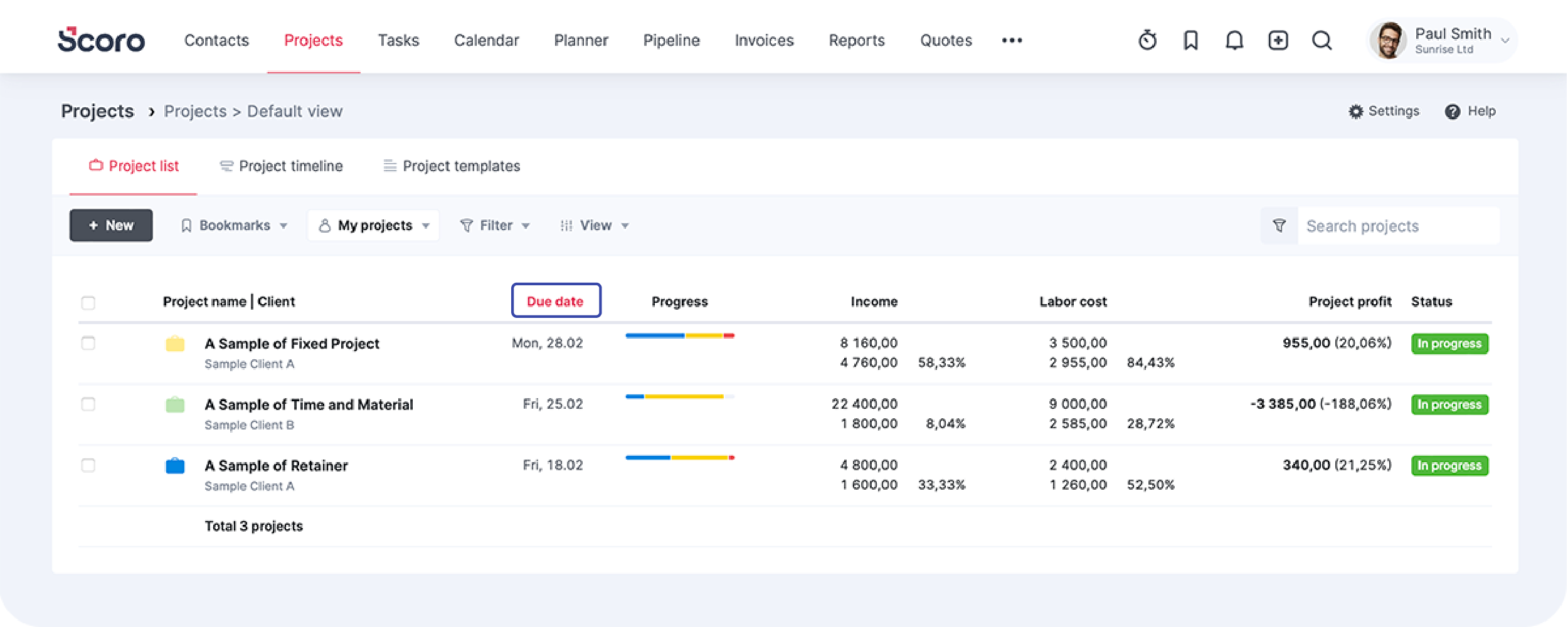 Sort project due date screenshot