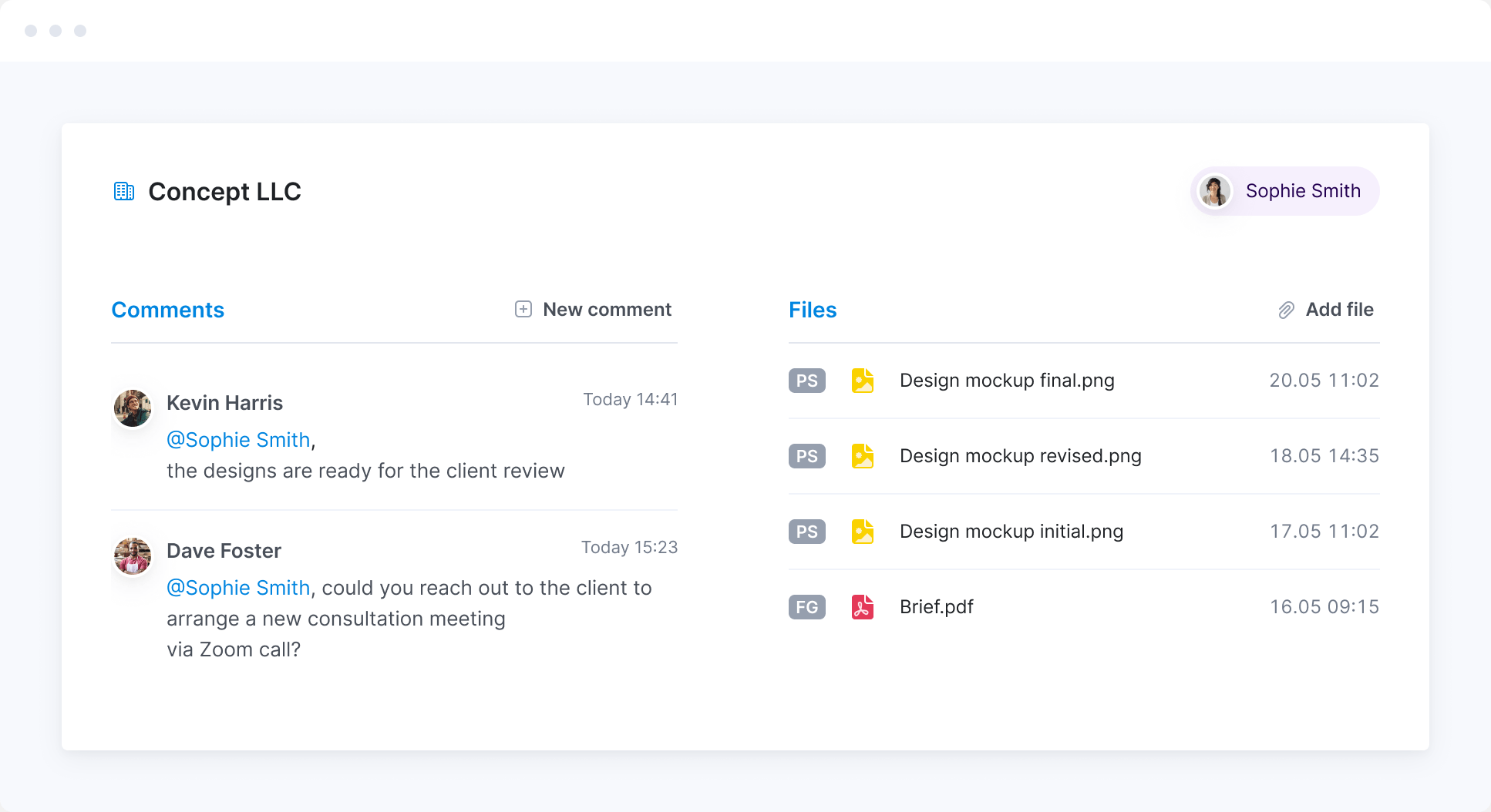 comments and file sharing in Scoro