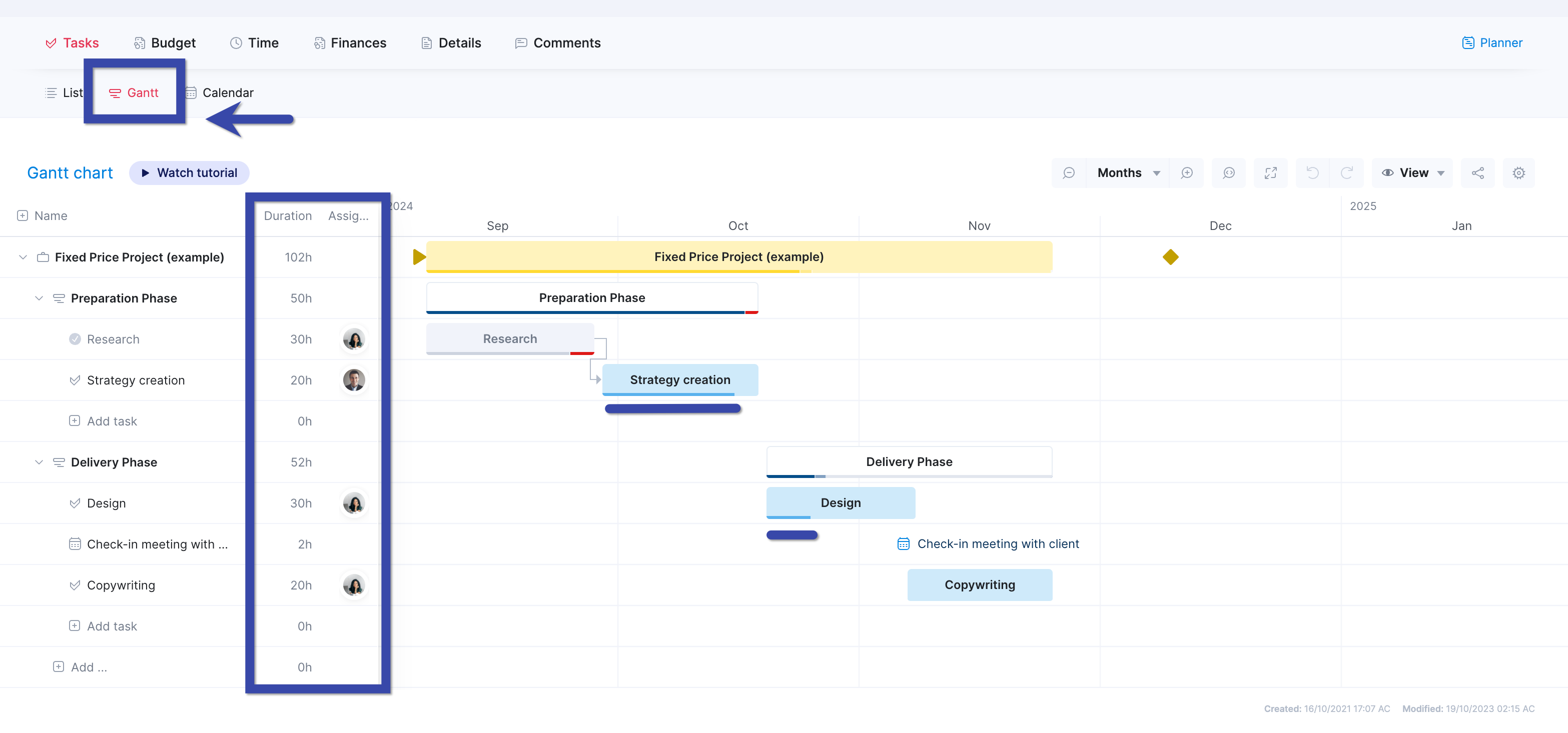 Fixed price project in Scoro Software with Gantt chart view