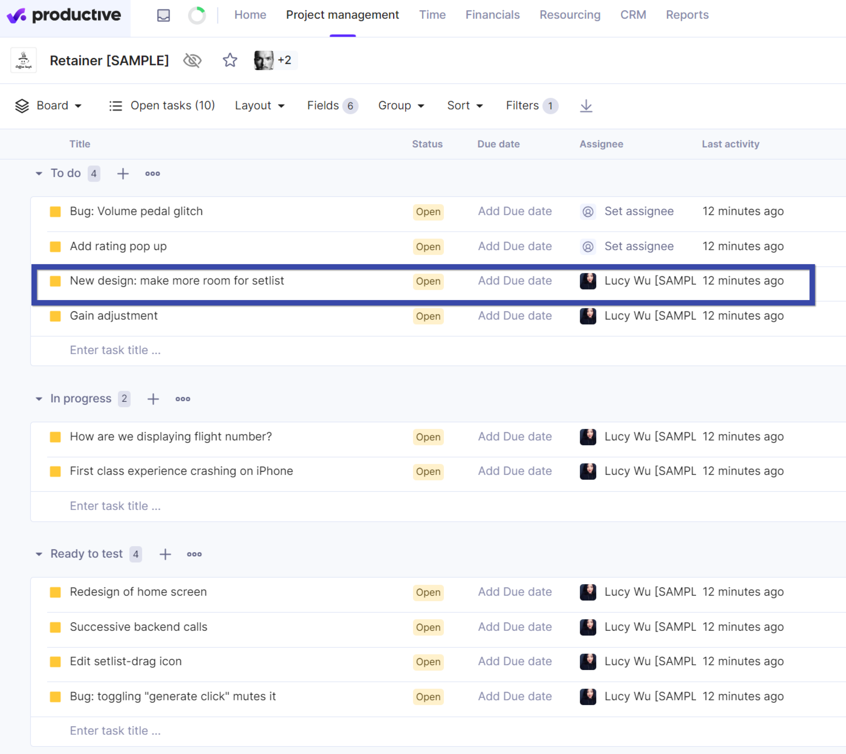 Project management tab in Productive showing task status