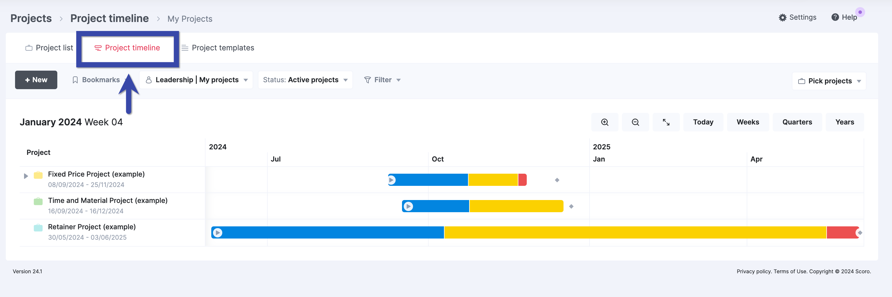 View of project timelines in Scoro Software