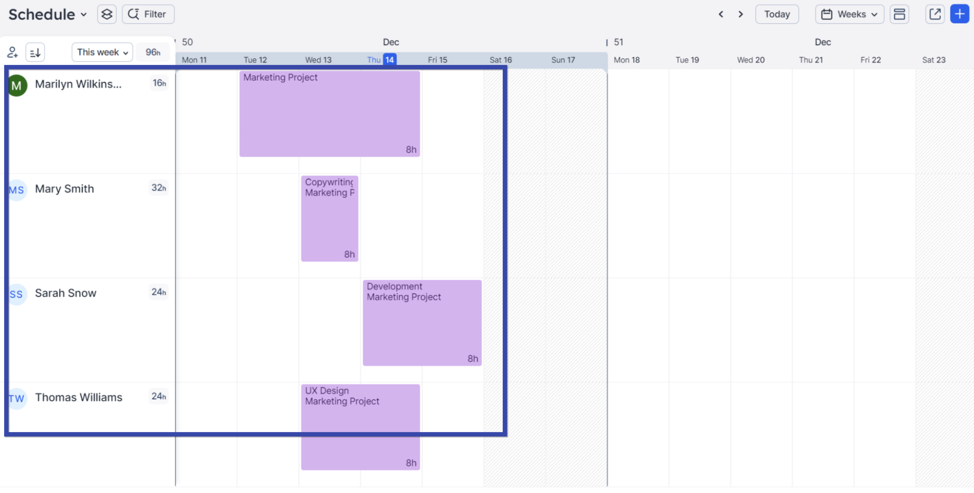 Screenshot of a schedule of team activities in Float
