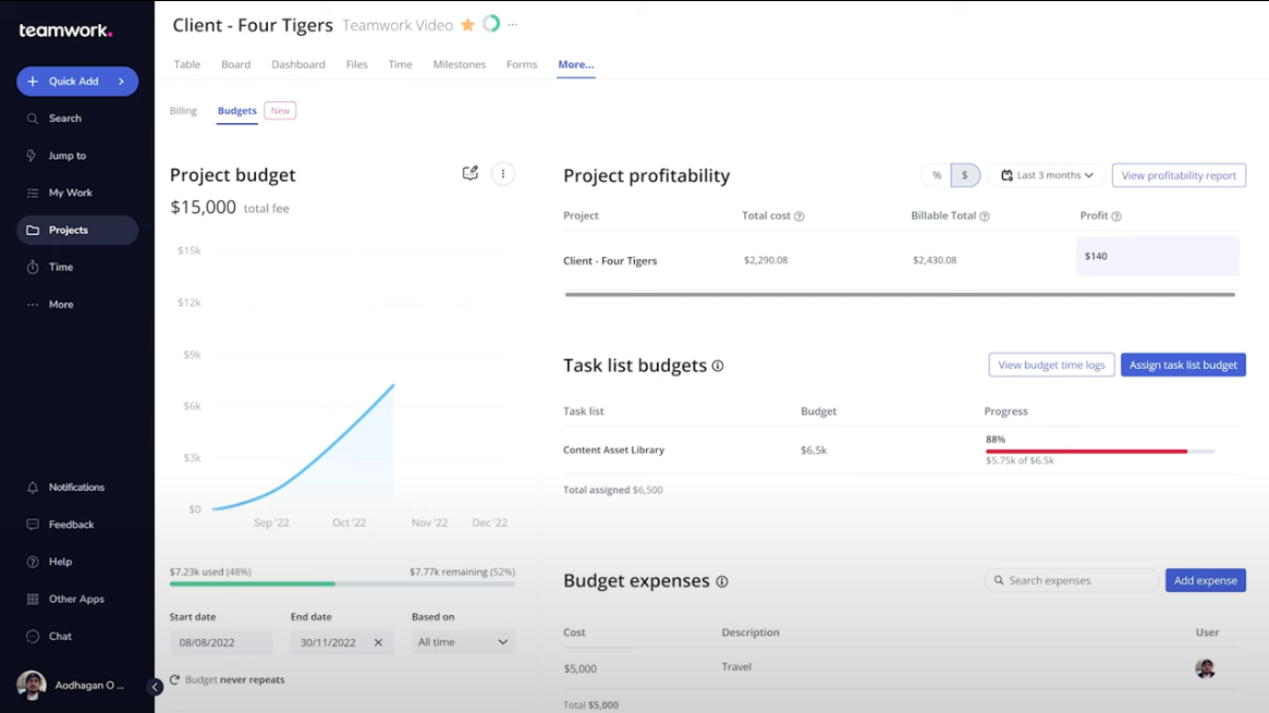 Screenshot of project budget insights in Teamwork