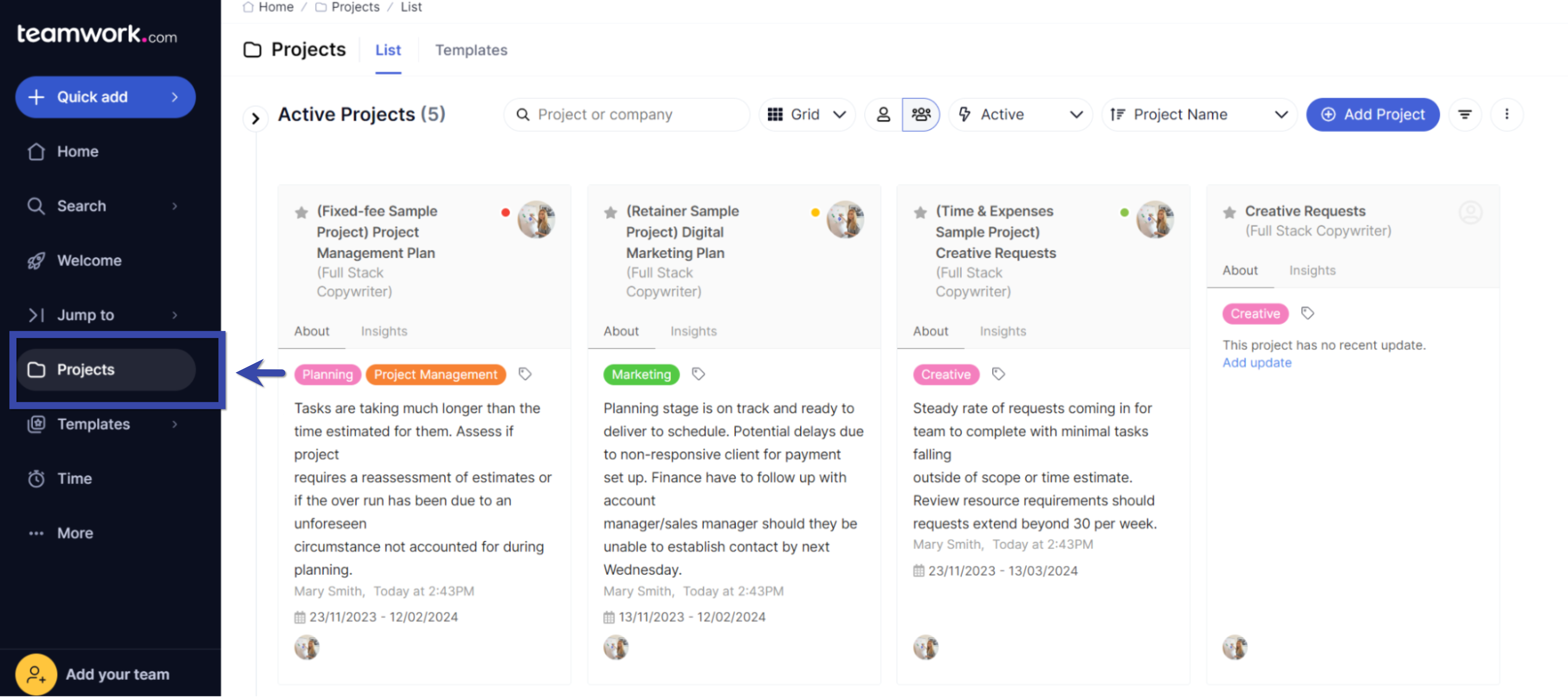 Teamwork project dashboard