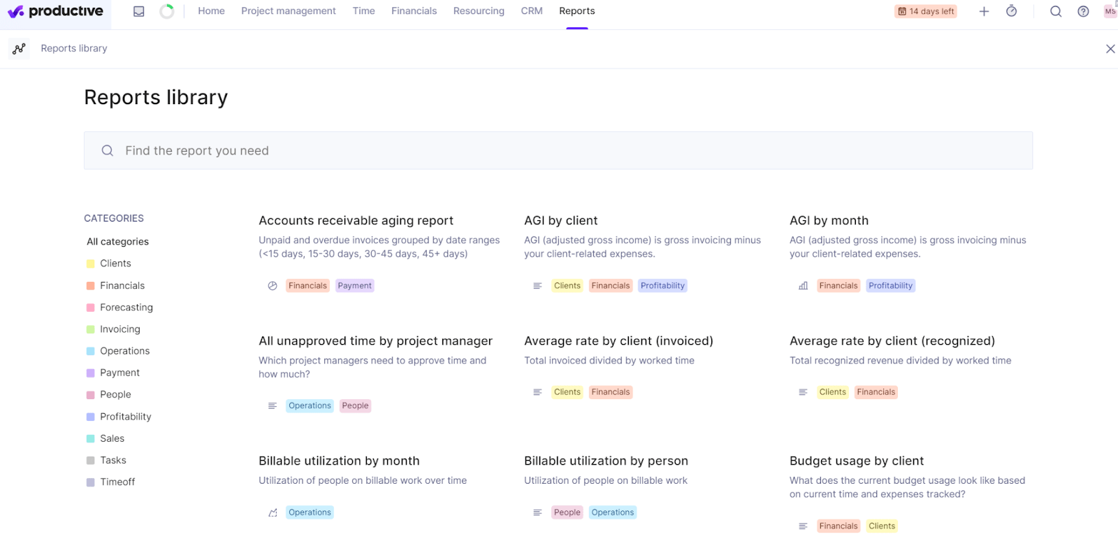 Screenshot of the reports library in Productive