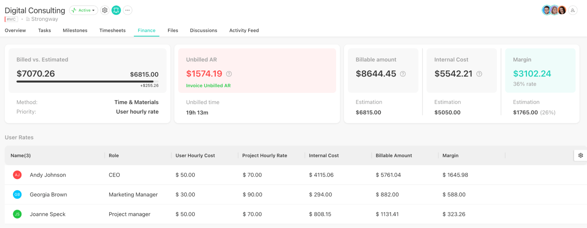 Screenshot of Paymo's finance tab