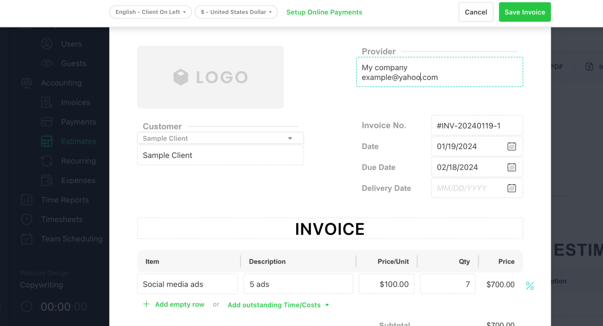 Screenshot of a custom invoice in Paymo