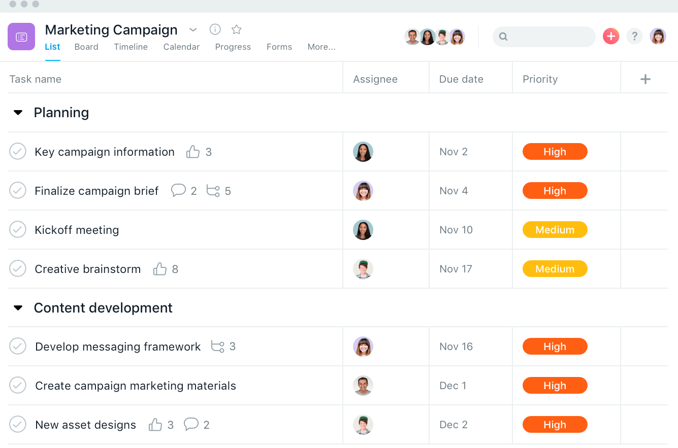 Screenshot of a project List view in Asana