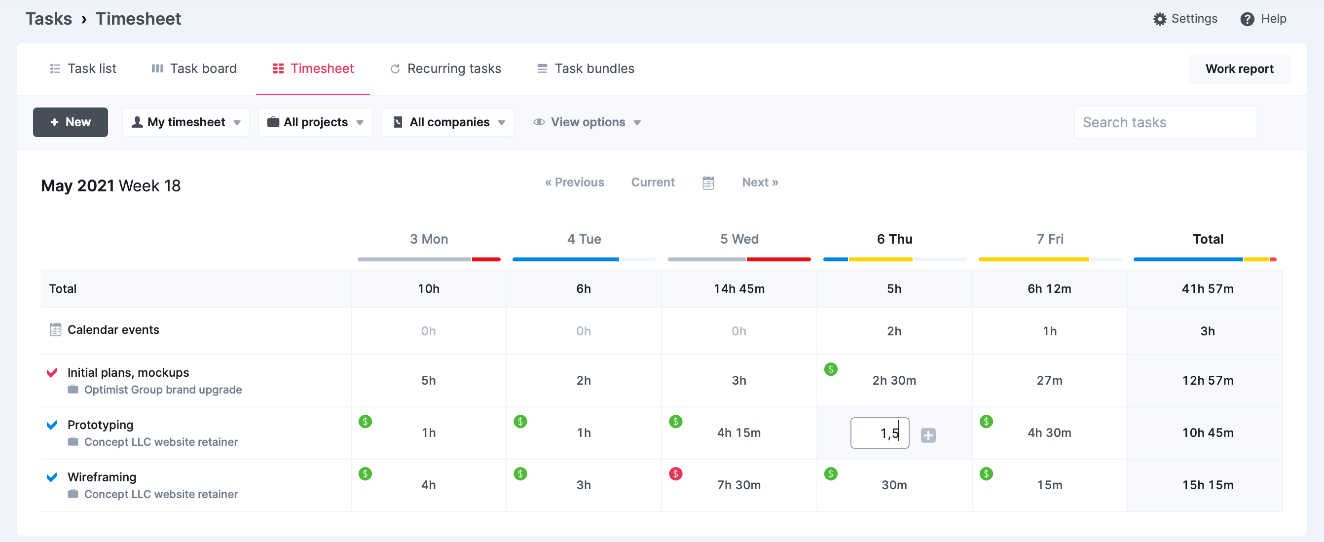 Screenshot of adding a time entry in the timesheet in Scoro