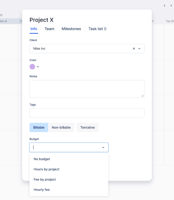 Screenshot of creating a project budget in Float with different budget types