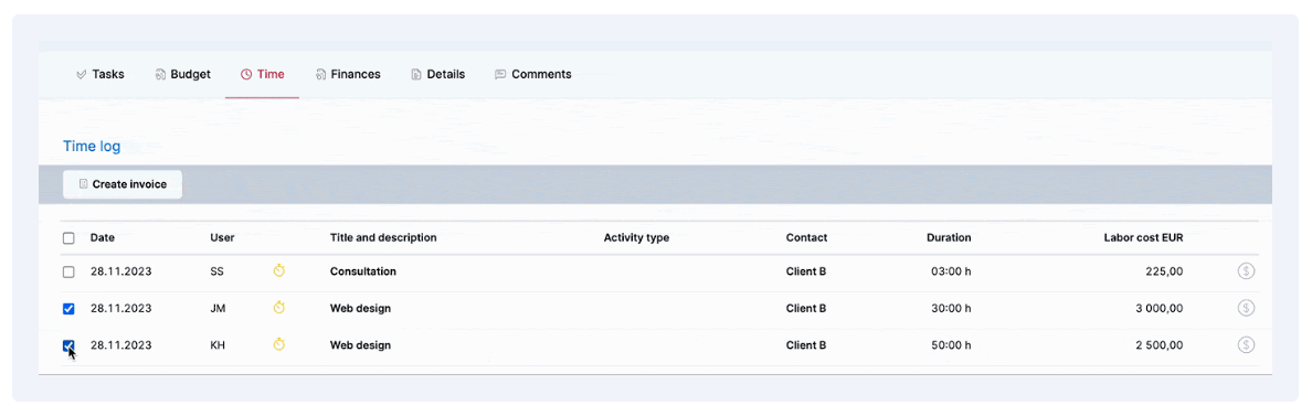 Screenshot of creating an invoice from project tasks based on time entries in Scoro