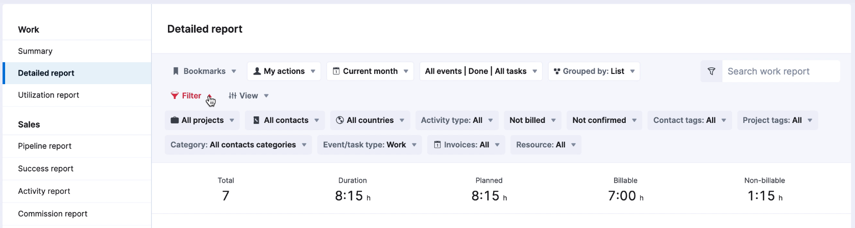 Screenshot of detailed work report filters in Scoro