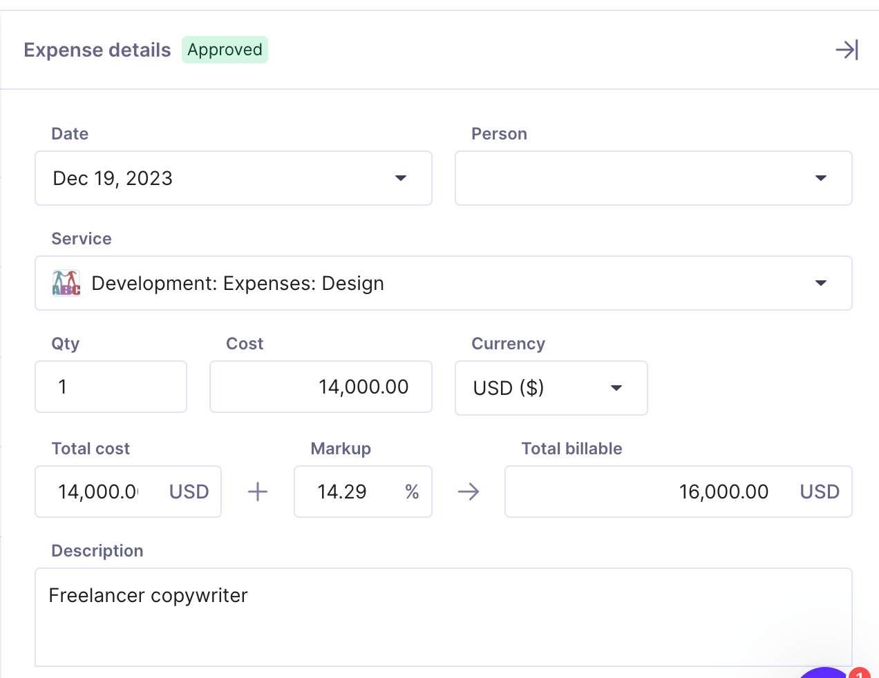 Screenshot of expense creation in Productive