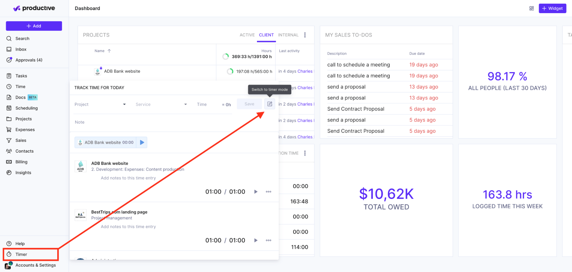 Screenshot of starting a time tracker in Productive