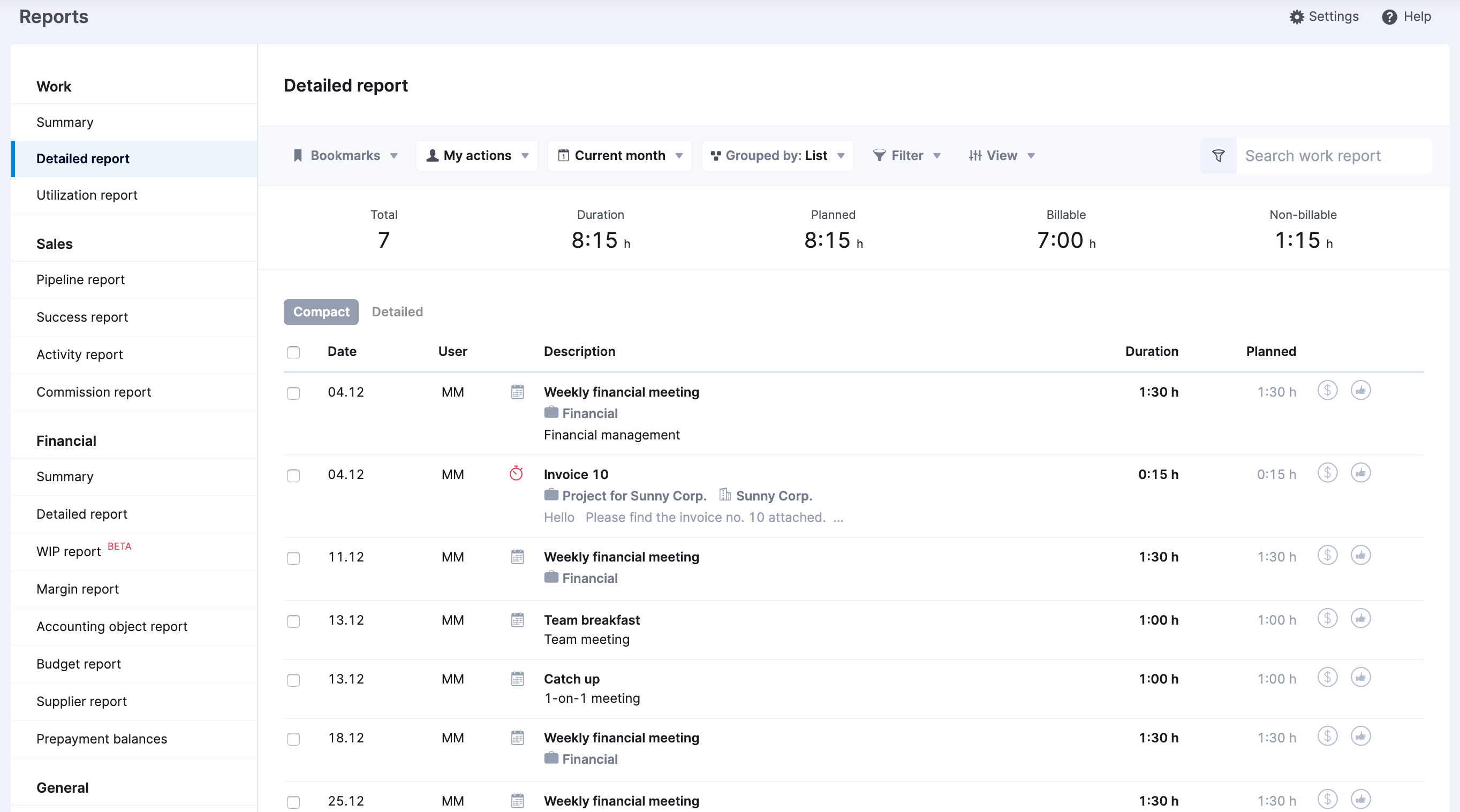 Screenshot of the detailed work report in Scoro-min