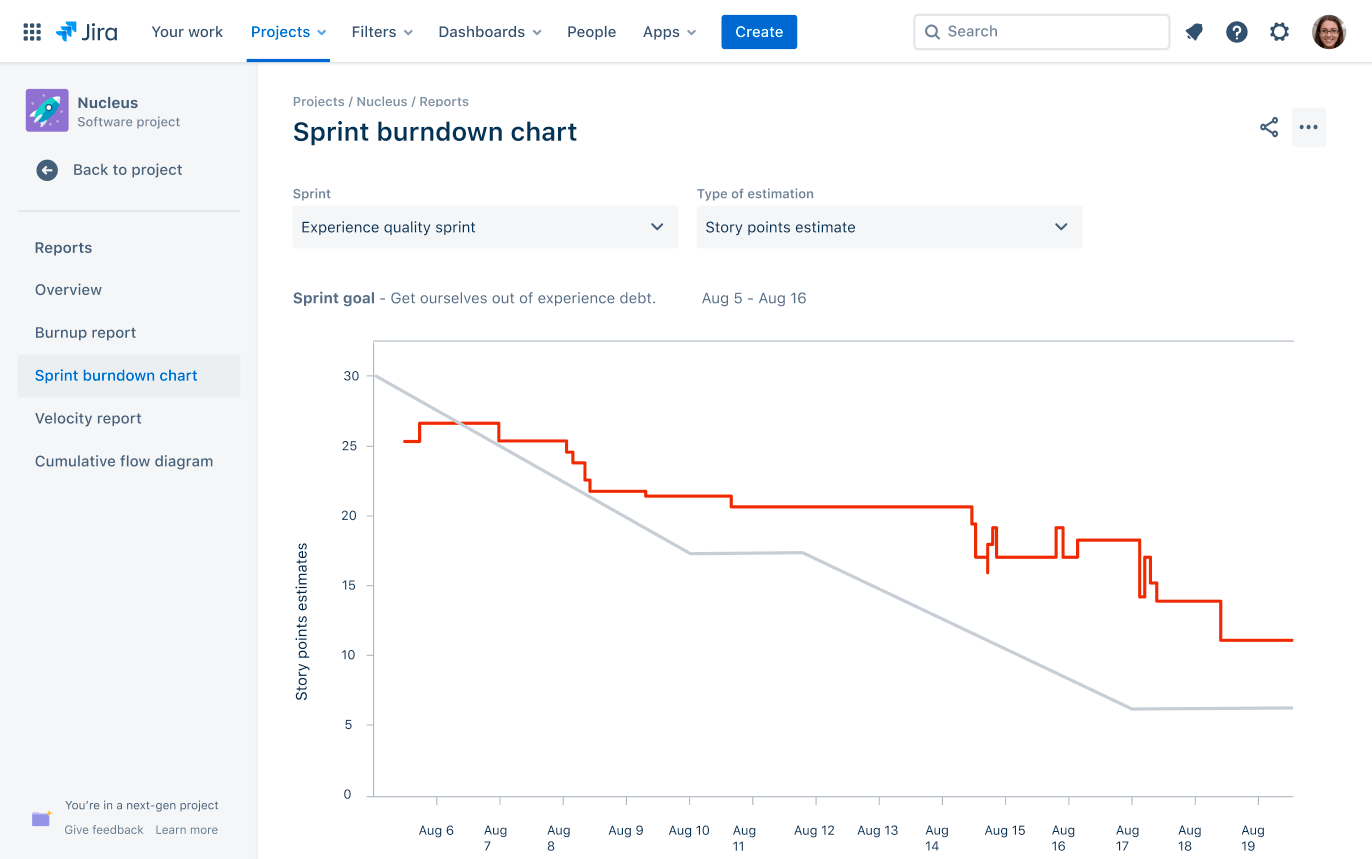Screenshot of the sprint burndown chart in Jira