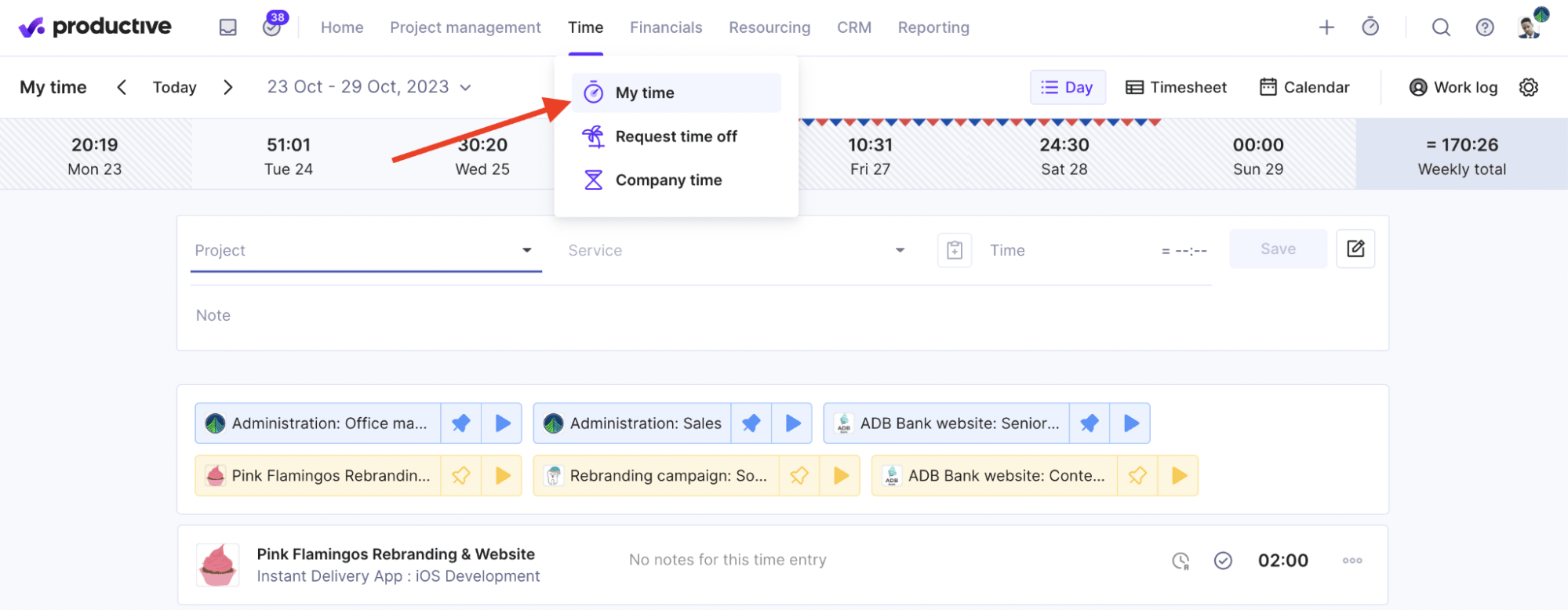 Screenshot of timer tracker in Produtice